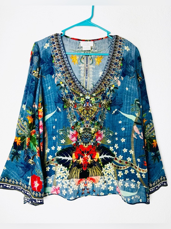 Camilla Tops - Camilla Women's Blouse Faraway Florals Silk Crepe Flare Sleeves Size Large